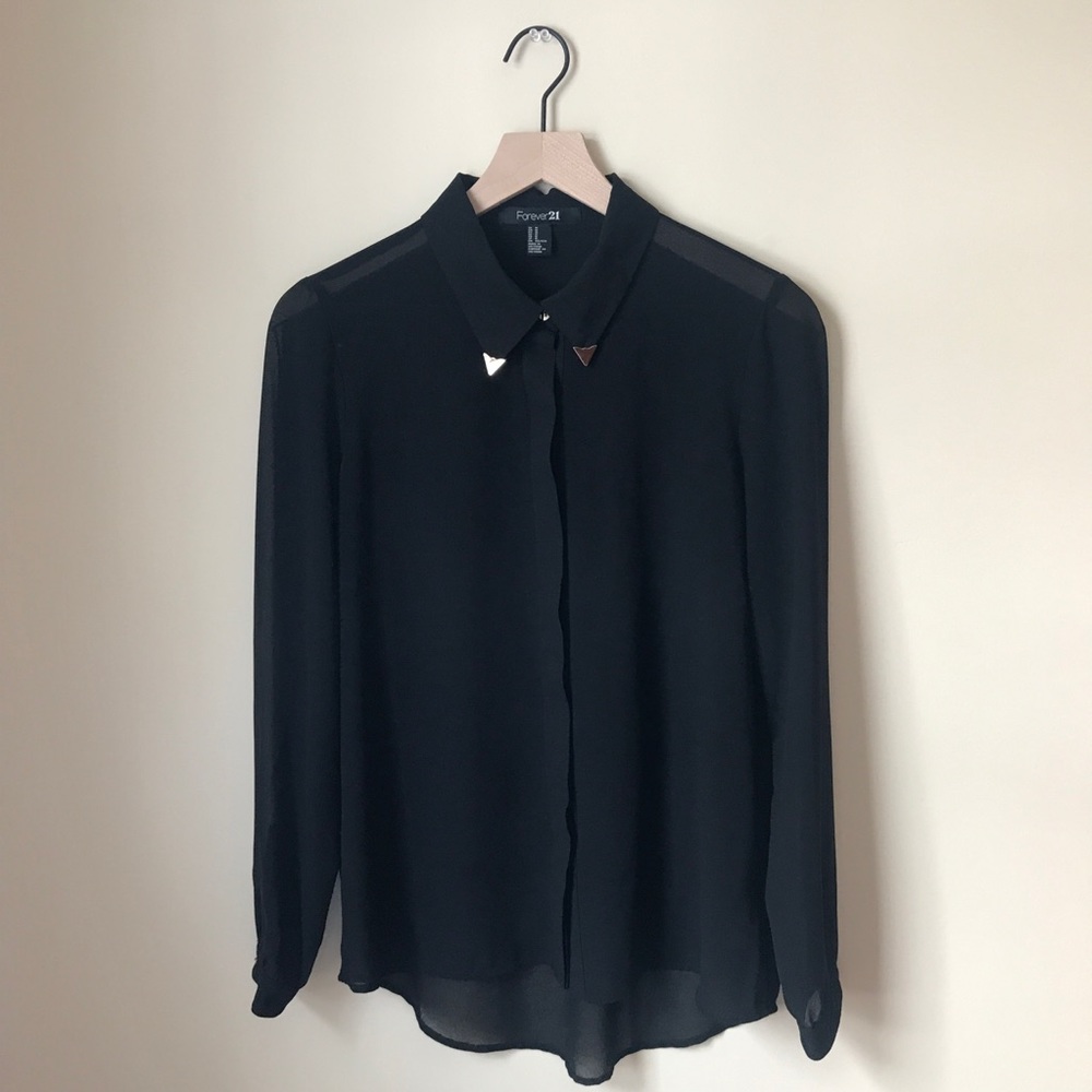 Forever 21 Black Sheer Button-Up Blouse with Gold Detailing